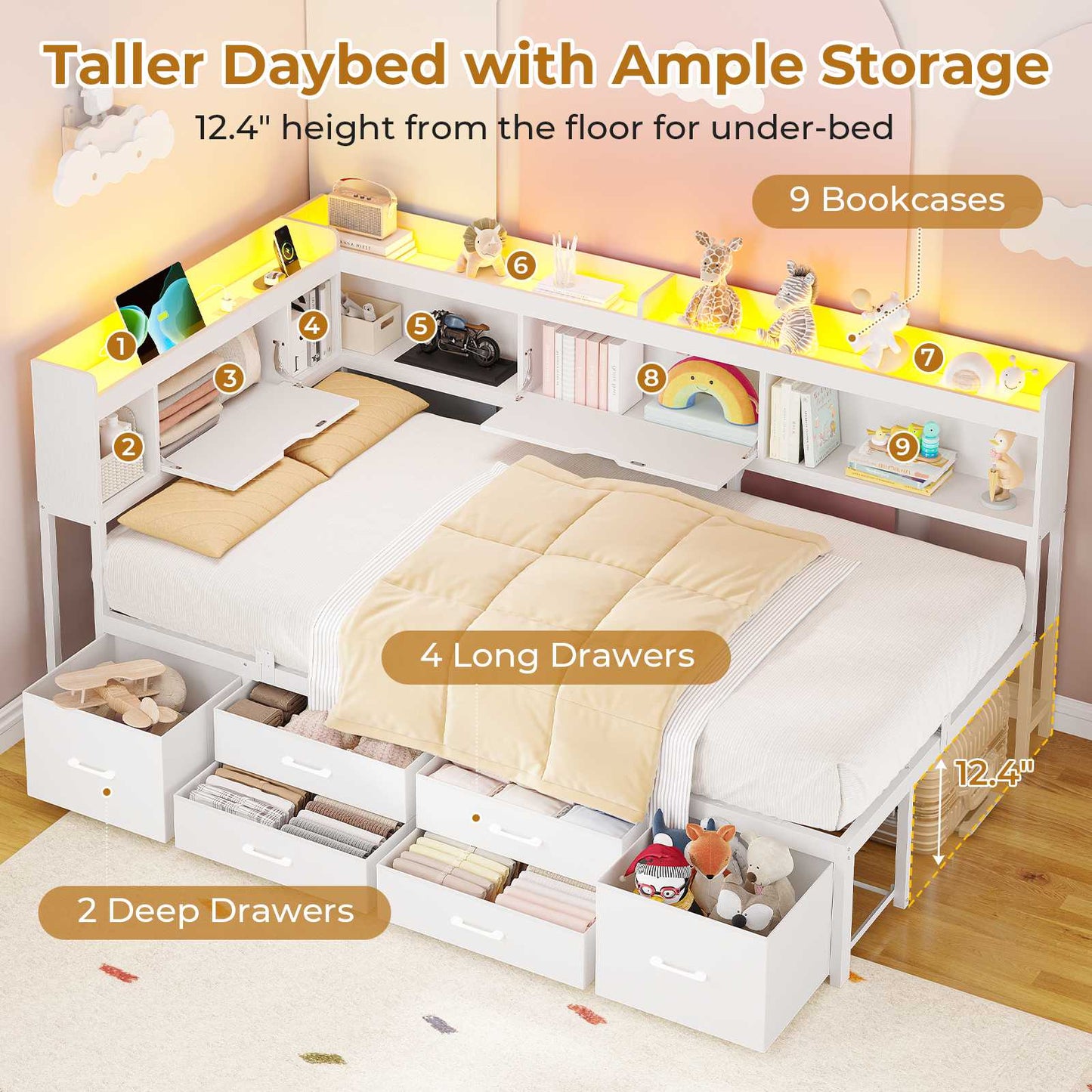 AOGLLATI Corner Bed Frame with Bookcase and Hidden Storage Twin Size Daybed with Charging Station and Led Lights for Kids Teens