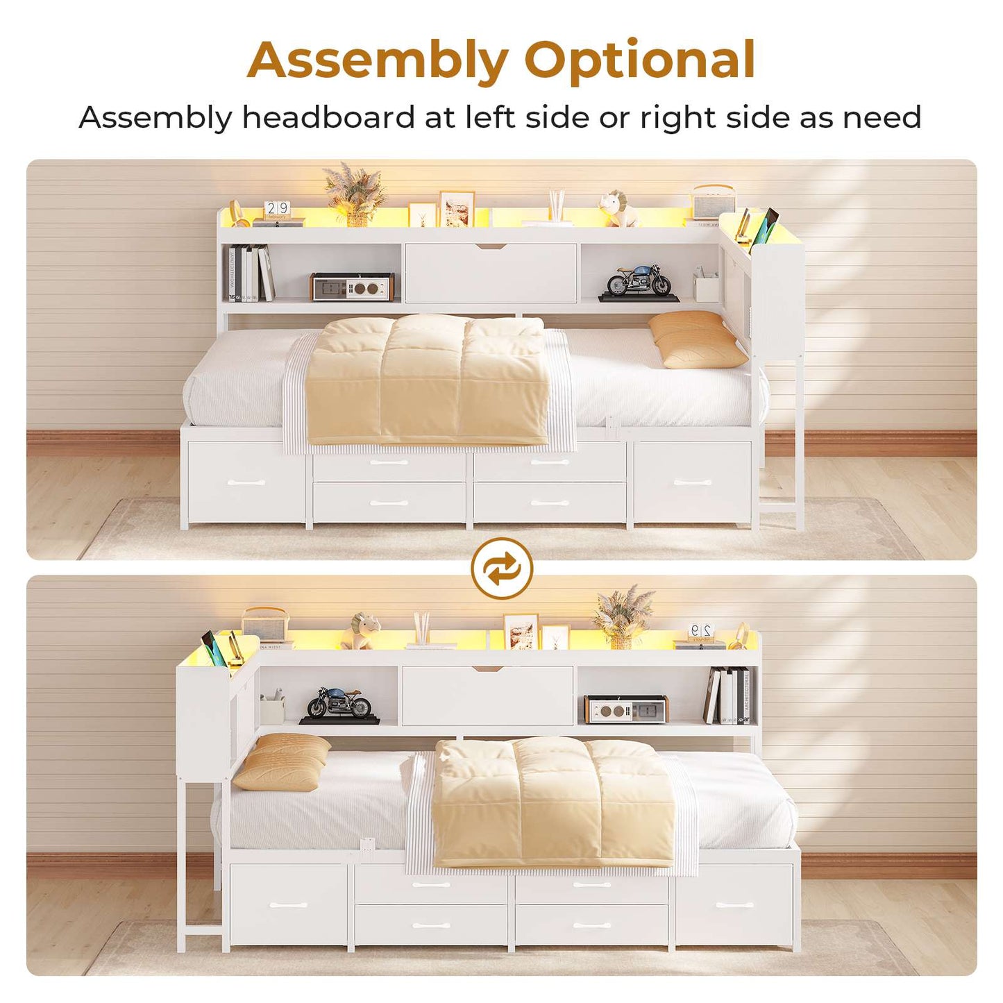 AOGLLATI Corner Bed Frame with Bookcase and Hidden Storage Twin Size Daybed with Charging Station and Led Lights for Kids Teens