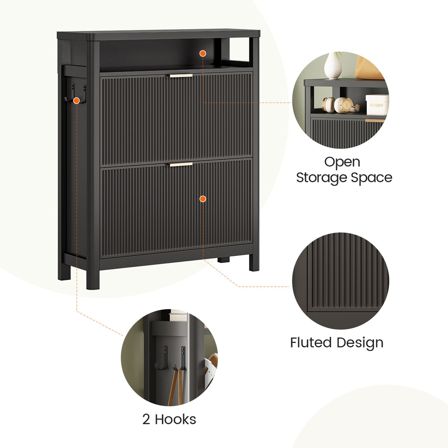 AOGLLATI Shoe Cabinet Storage Narrow Fluted Shoe Rack Cabinet with 2 Flip Drawers Organizer with Open Storage Space