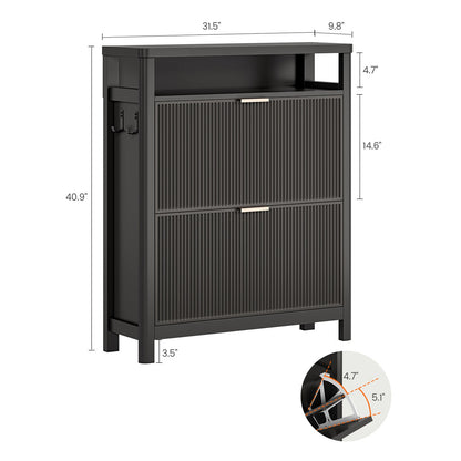 AOGLLATI Shoe Cabinet Storage Narrow Fluted Shoe Rack Cabinet with 2 Flip Drawers Organizer with Open Storage Space