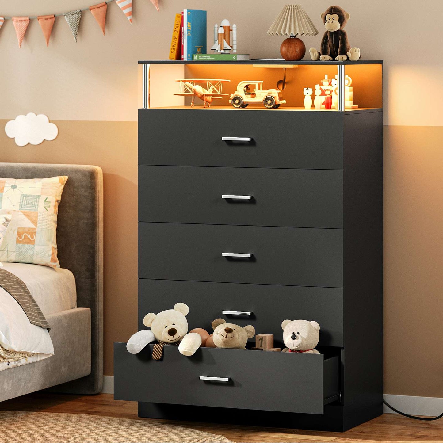 AOGLLATI 43.3 Inch Tall Dresser with Column Design & Charging Station, Led Lights 5 Drawers Dresser for Bedroom