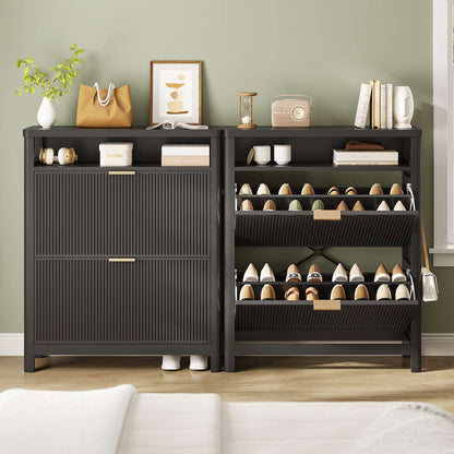 AOGLLATI Shoe Cabinet Storage Narrow Fluted Shoe Rack Cabinet with 2 Flip Drawers Organizer with Open Storage Space