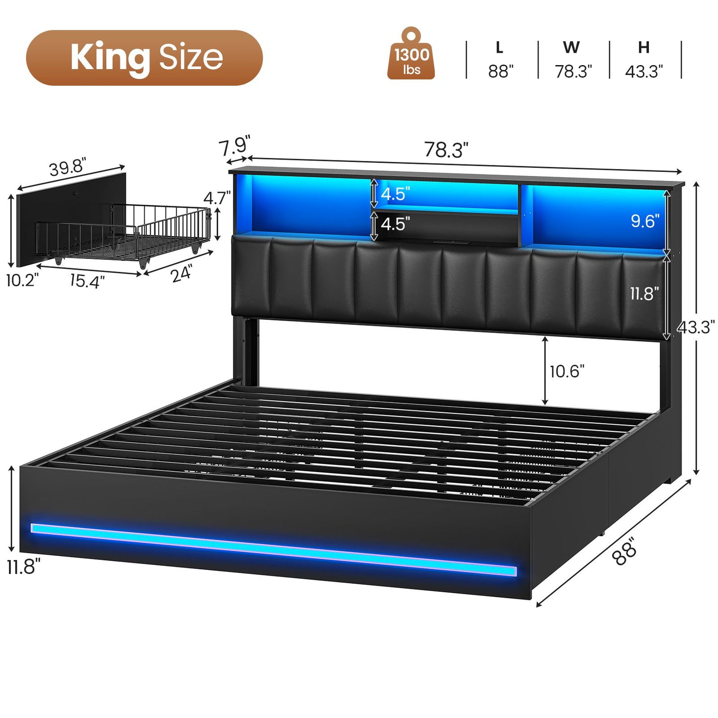 AOGLLATI King Bed Frame with 4 Storage Drawers and Charging Station Bed Frames with Stylish Bookcase Headboard and LED Lights