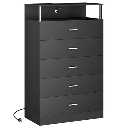 AOGLLATI 43.3 Inch Tall Dresser with Column Design & Charging Station, Led Lights 5 Drawers Dresser for Bedroom
