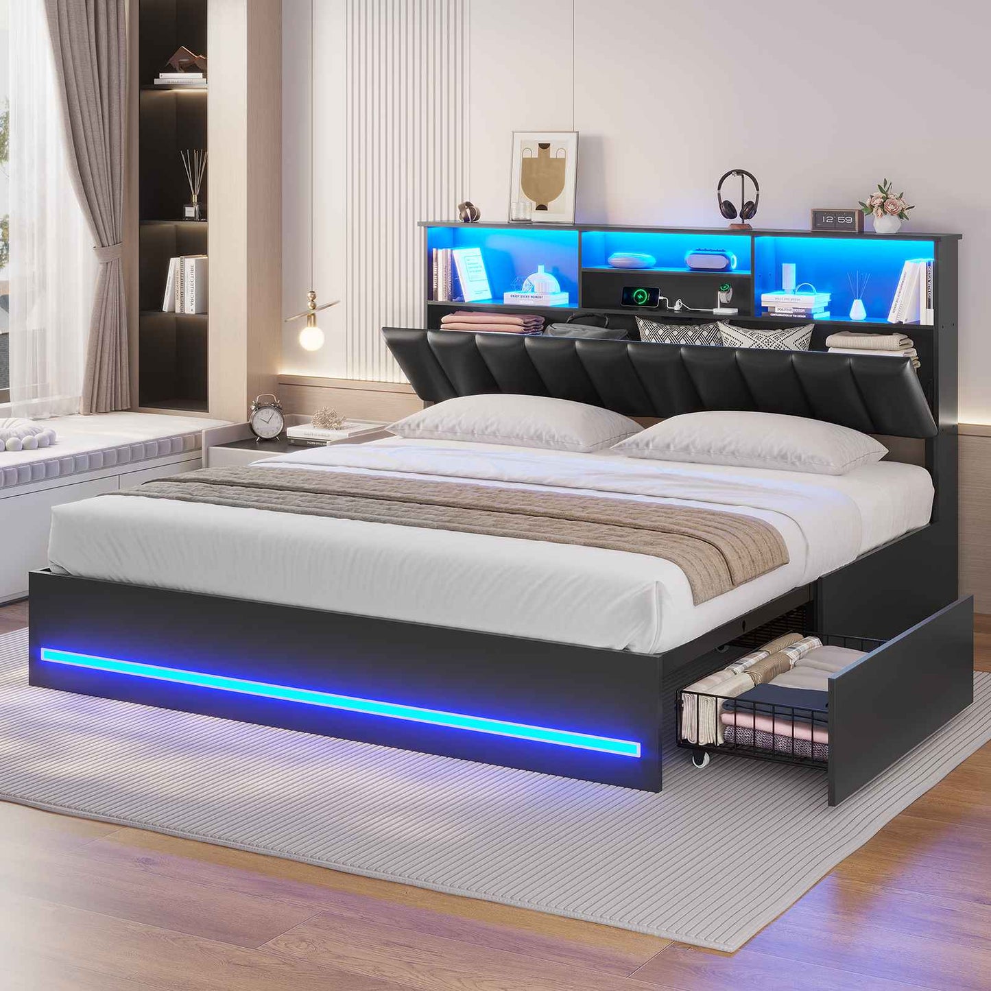AOGLLATI King Bed Frame with 4 Storage Drawers and Charging Station Bed Frames with Stylish Bookcase Headboard and LED Lights