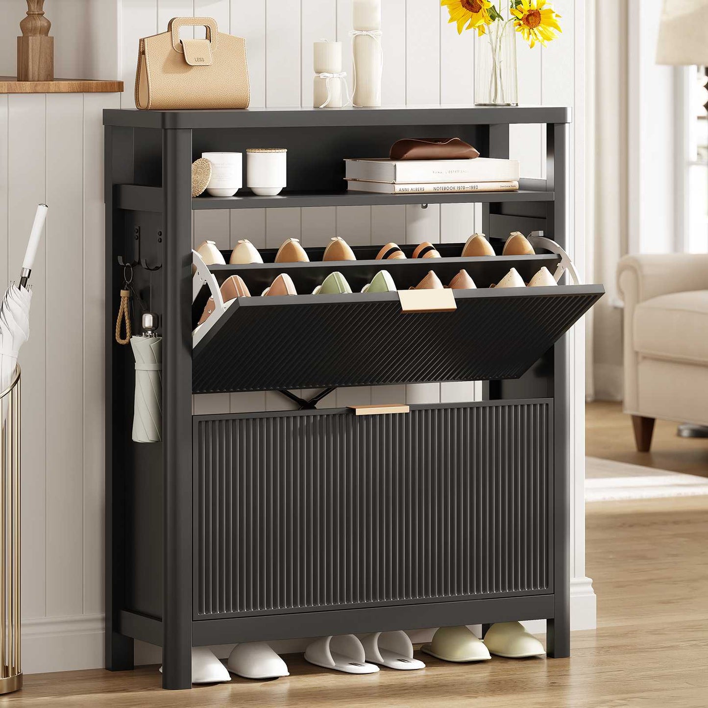 AOGLLATI Shoe Cabinet Storage Narrow Fluted Shoe Rack Cabinet with 2 Flip Drawers Organizer with Open Storage Space