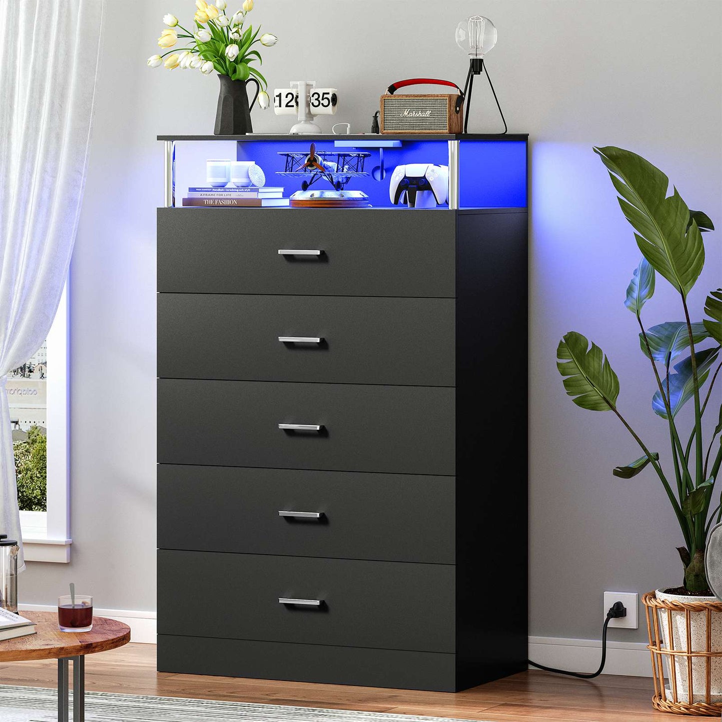 AOGLLATI 43.3 Inch Tall Dresser with Column Design & Charging Station, Led Lights 5 Drawers Dresser for Bedroom