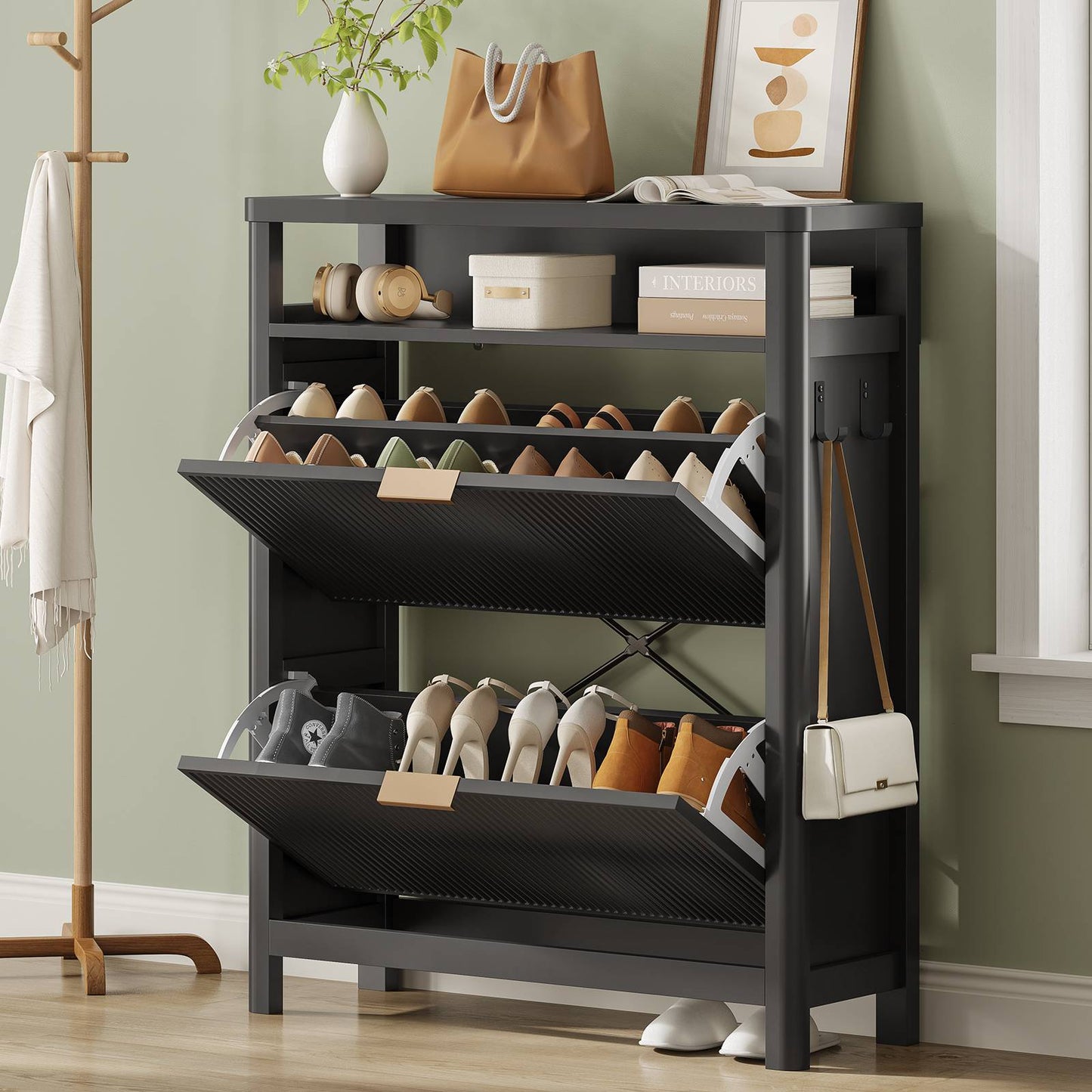 AOGLLATI Shoe Cabinet Storage Narrow Fluted Shoe Rack Cabinet with 2 Flip Drawers Organizer with Open Storage Space