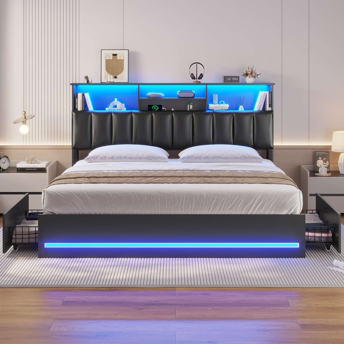AOGLLATI King Bed Frame with 4 Storage Drawers and Charging Station Bed Frames with Stylish Bookcase Headboard and LED Lights