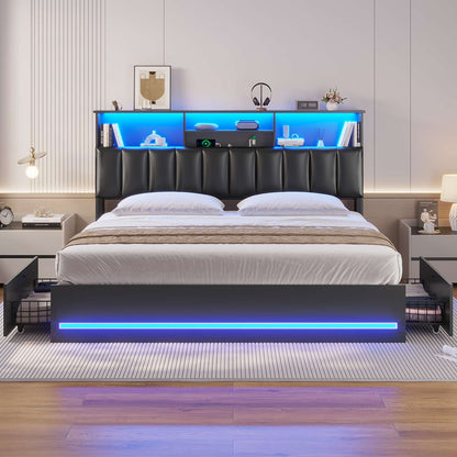 AOGLLATI King Bed Frame with 4 Storage Drawers and Charging Station Bed Frames with Stylish Bookcase Headboard and LED Lights