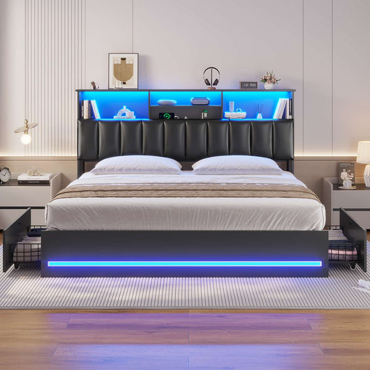 AOGLLATI King Bed Frame with 4 Storage Drawers and Charging Station Bed Frames with Stylish Bookcase Headboard and LED Lights