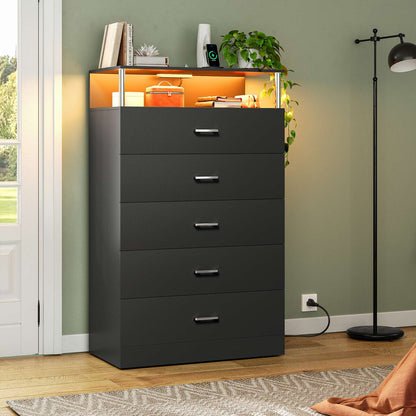 AOGLLATI 43.3 Inch Tall Dresser with Column Design & Charging Station, Led Lights 5 Drawers Dresser for Bedroom