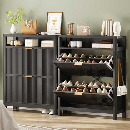 AOGLLATI Shoe Cabinet Storage Narrow Fluted Shoe Rack Cabinet with 2 Flip Drawers Organizer with Open Storage Space