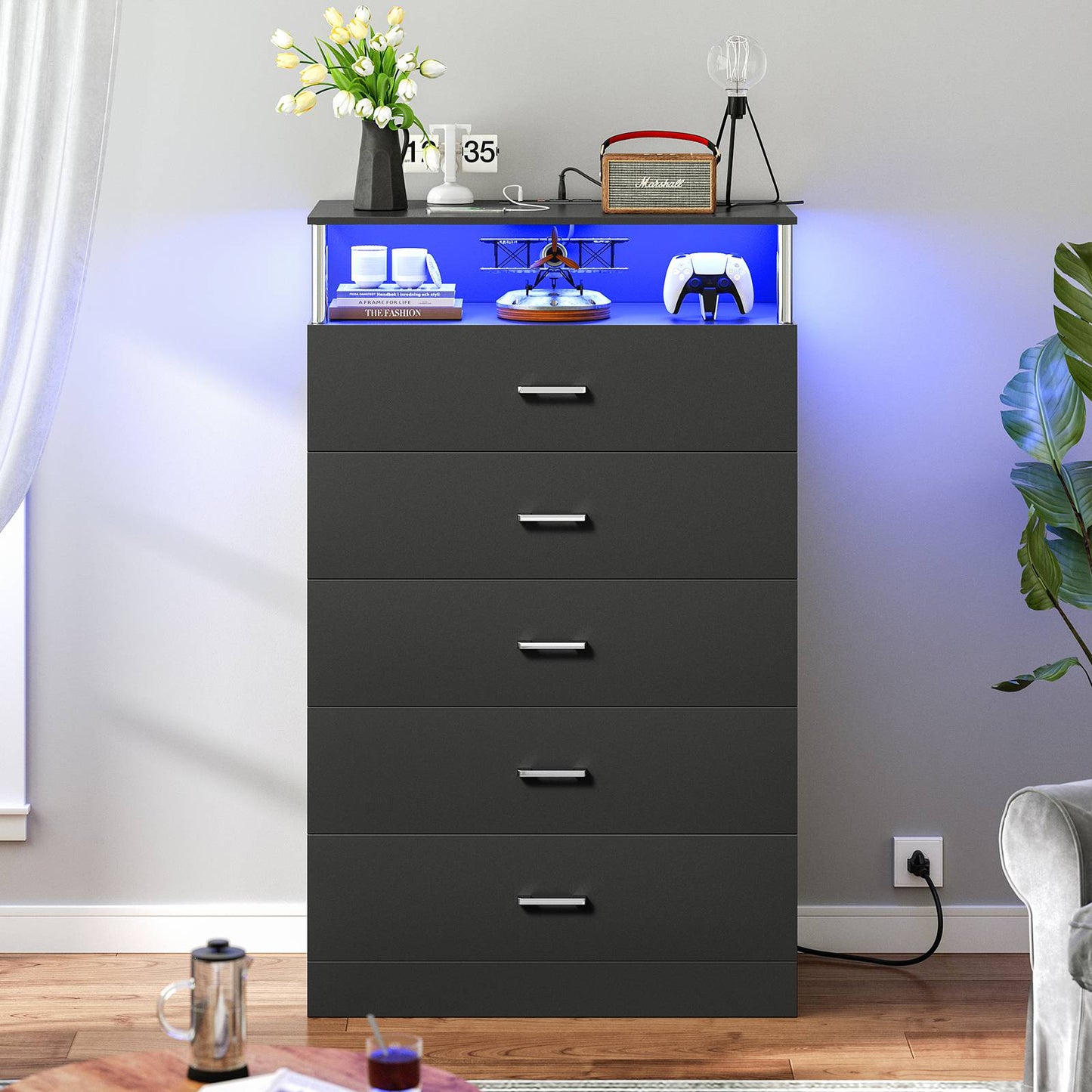 AOGLLATI 43.3 Inch Tall Dresser with Column Design & Charging Station, Led Lights 5 Drawers Dresser for Bedroom