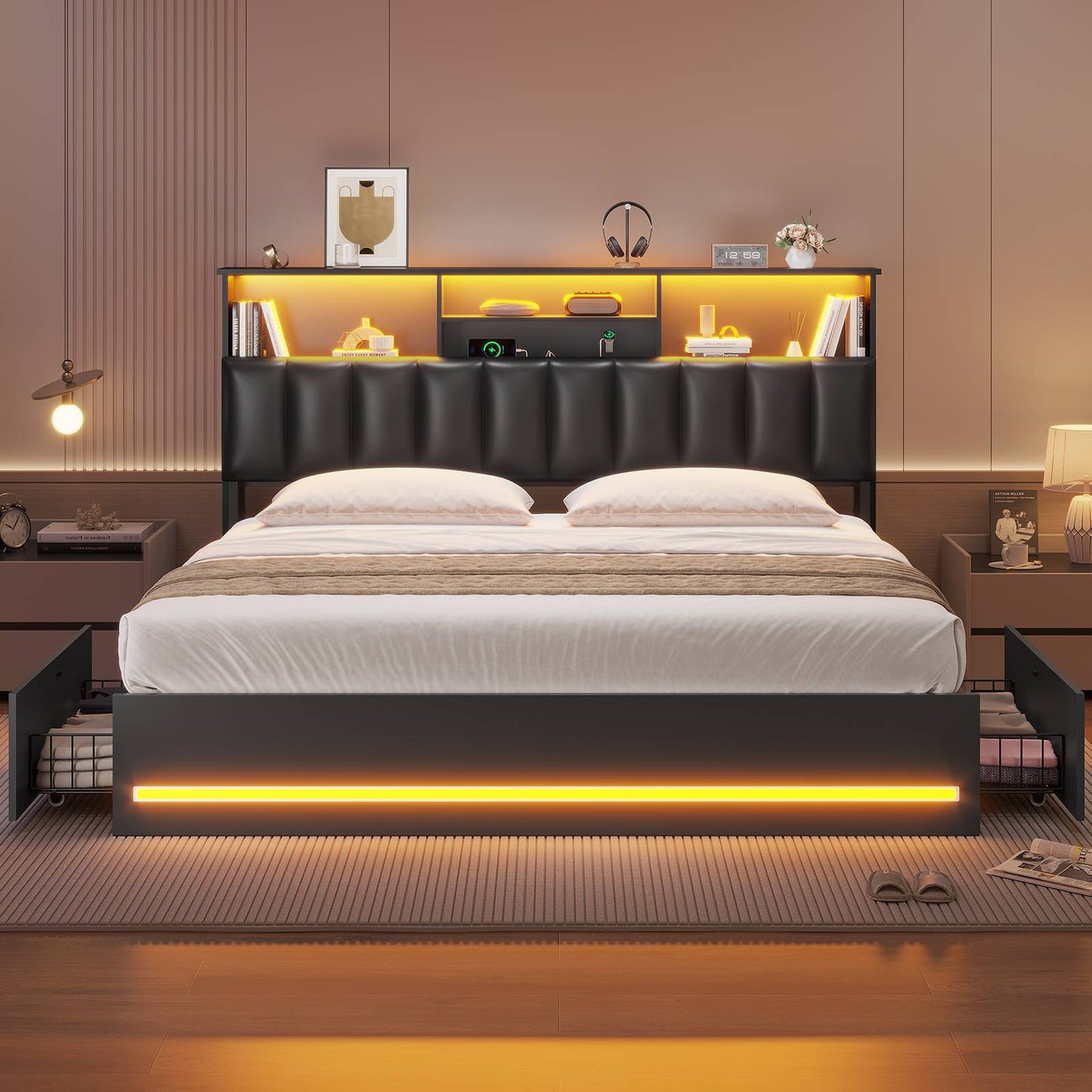 AOGLLATI King Bed Frame with 4 Storage Drawers and Charging Station Bed Frames with Stylish Bookcase Headboard and LED Lights