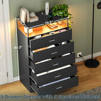 AOGLLATI 43.3 Inch Tall Dresser with Column Design & Charging Station, Led Lights 5 Drawers Dresser for Bedroom