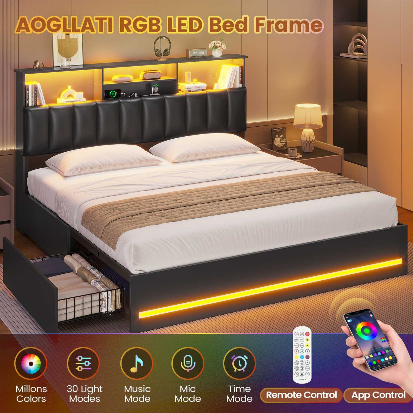 AOGLLATI King Bed Frame with 4 Storage Drawers and Charging Station Bed Frames with Stylish Bookcase Headboard and LED Lights