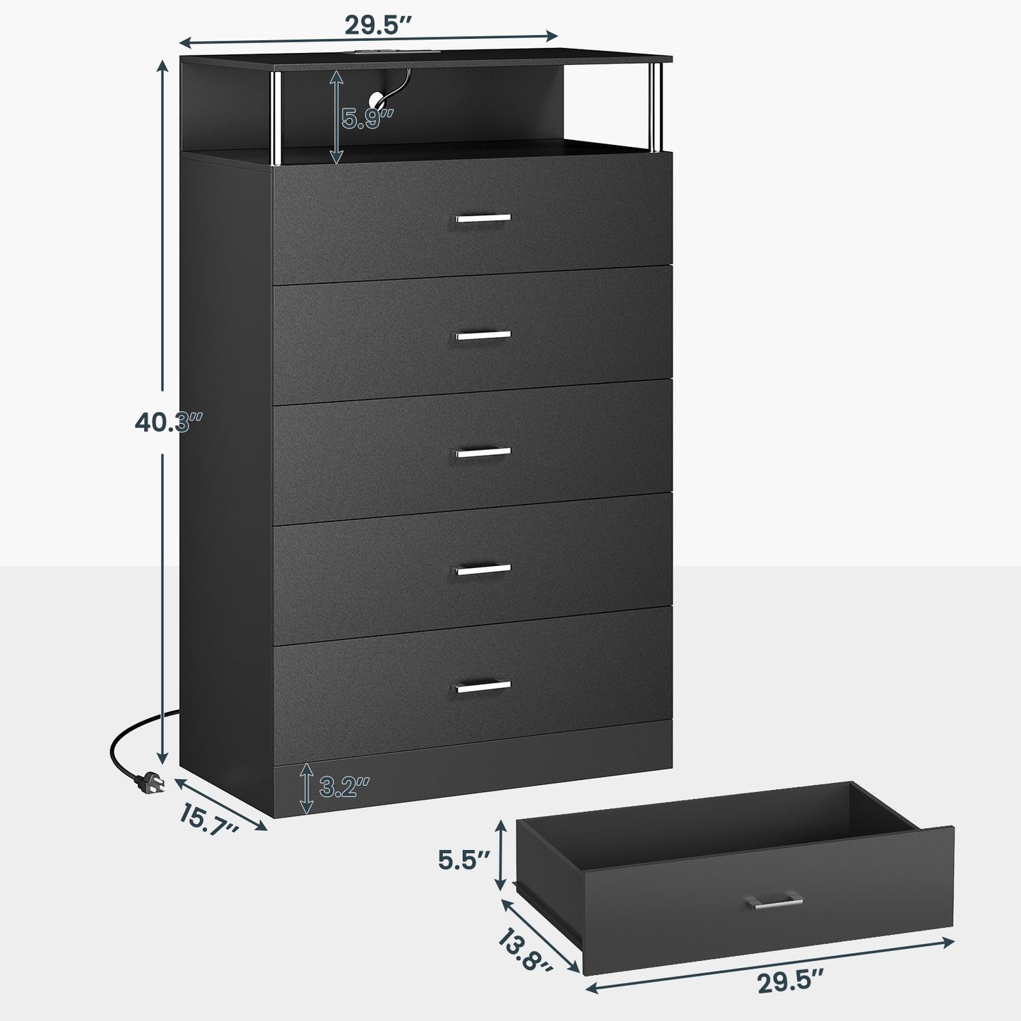 AOGLLATI 43.3 Inch Tall Dresser with Column Design & Charging Station, Led Lights 5 Drawers Dresser for Bedroom