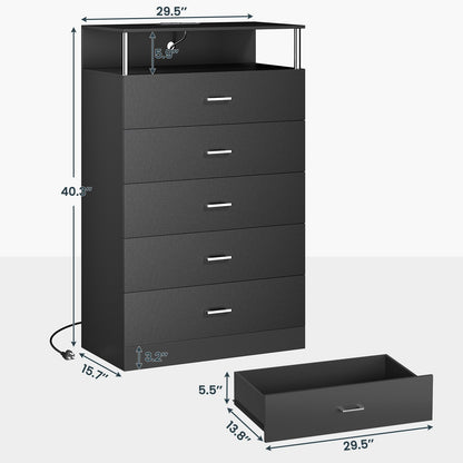 AOGLLATI 43.3 Inch Tall Dresser with Column Design & Charging Station, Led Lights 5 Drawers Dresser for Bedroom