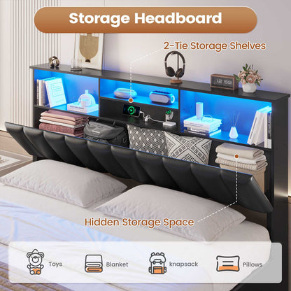 AOGLLATI King Bed Frame with 4 Storage Drawers and Charging Station Bed Frames with Stylish Bookcase Headboard and LED Lights