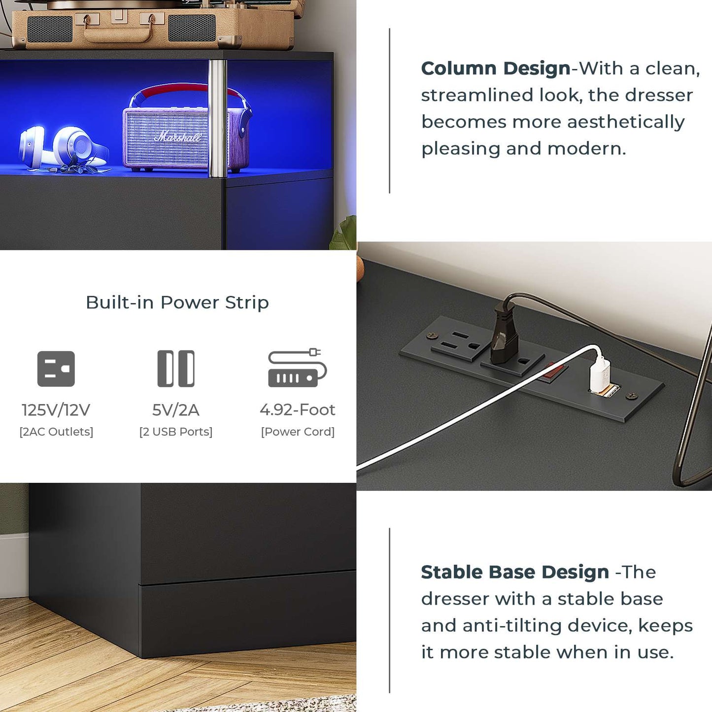 AOGLLATI 43.3 Inch Tall Dresser with Column Design & Charging Station, Led Lights 5 Drawers Dresser for Bedroom