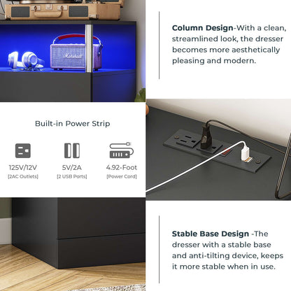 AOGLLATI 43.3 Inch Tall Dresser with Column Design & Charging Station, Led Lights 5 Drawers Dresser for Bedroom