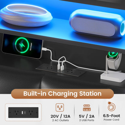 AOGLLATI King Bed Frame with 4 Storage Drawers and Charging Station Bed Frames with Stylish Bookcase Headboard and LED Lights