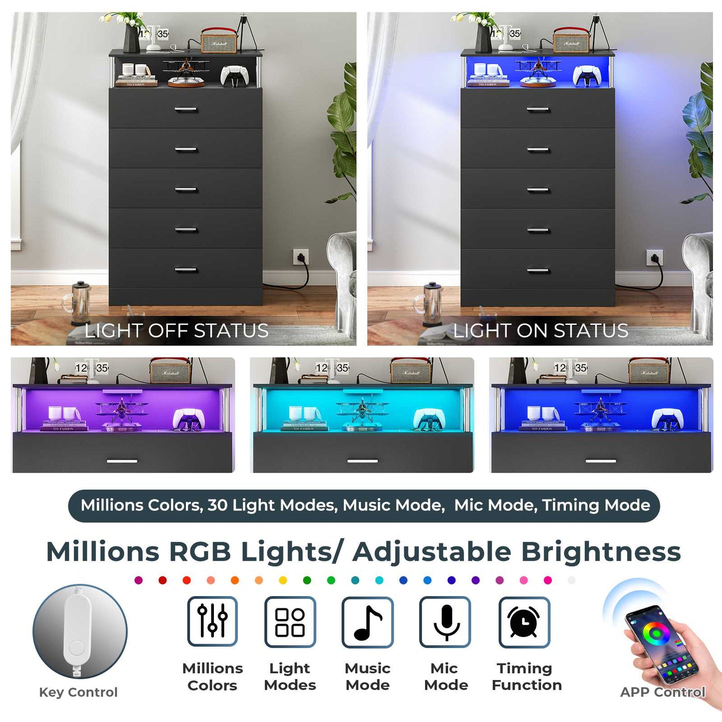 AOGLLATI 43.3 Inch Tall Dresser with Column Design & Charging Station, Led Lights 5 Drawers Dresser for Bedroom