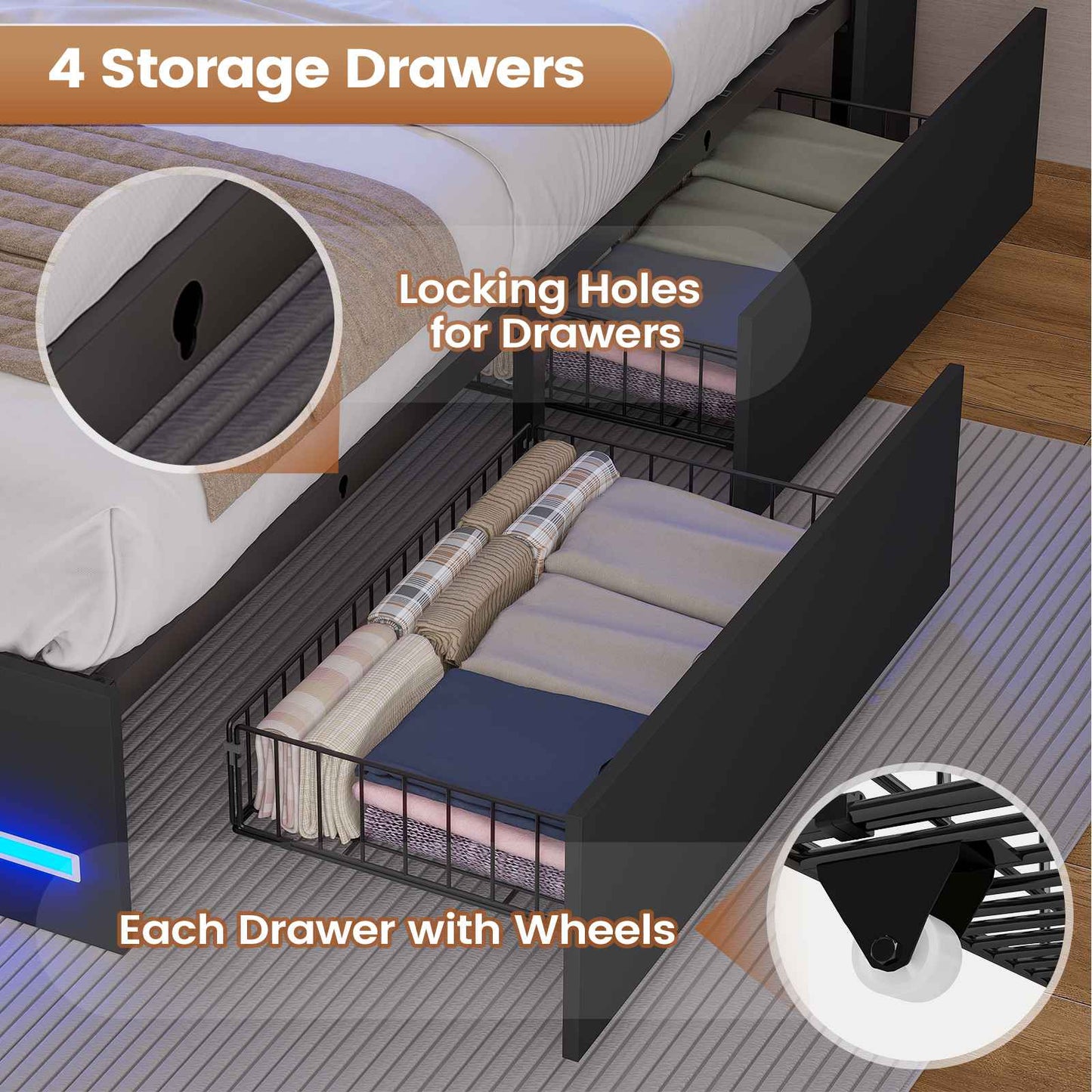 AOGLLATI King Bed Frame with 4 Storage Drawers and Charging Station Bed Frames with Stylish Bookcase Headboard and LED Lights