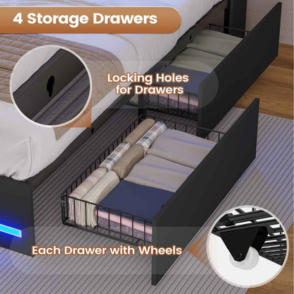 AOGLLATI King Bed Frame with 4 Storage Drawers and Charging Station Bed Frames with Stylish Bookcase Headboard and LED Lights