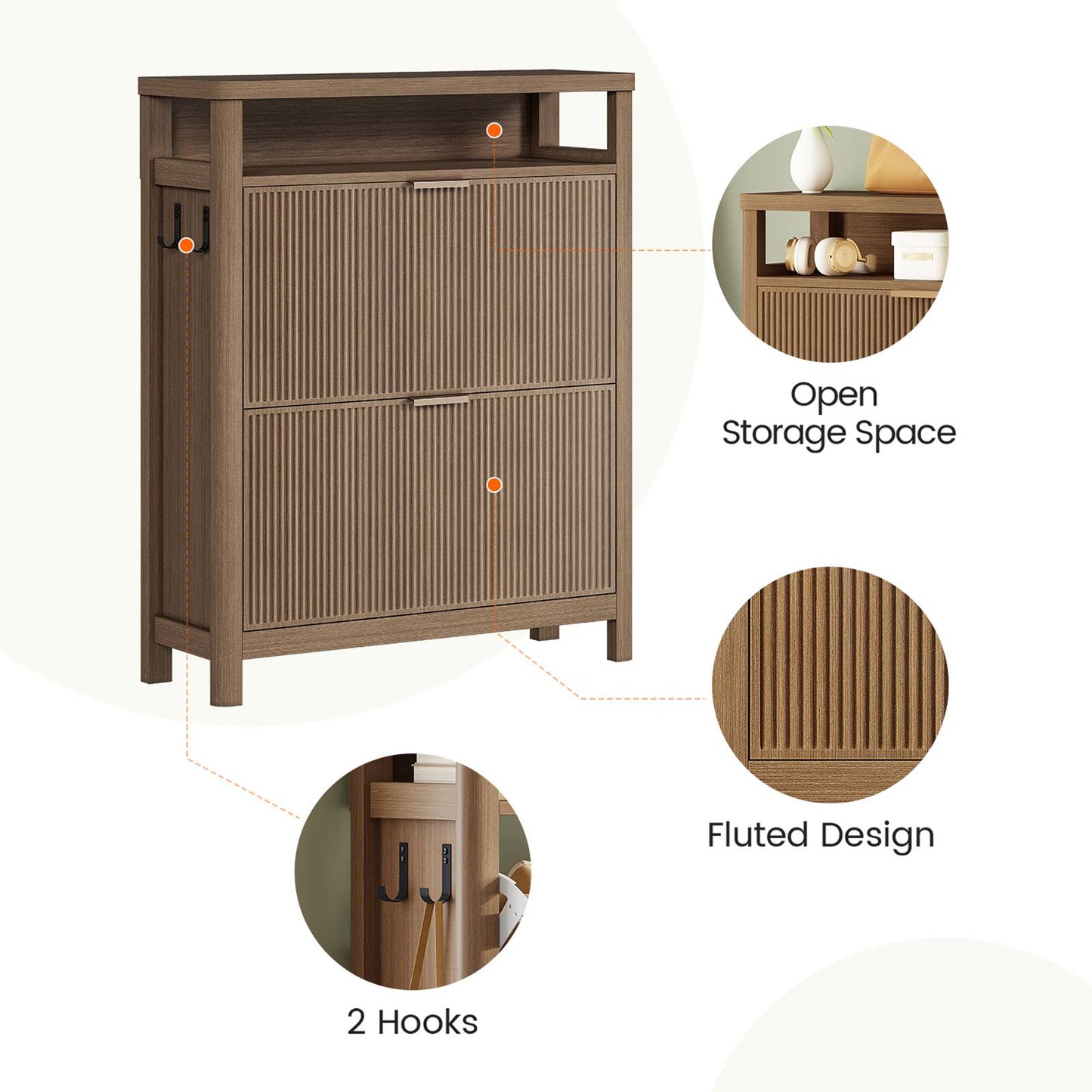 AOGLLATI Shoe Cabinet Storage Narrow Fluted Shoe Rack Cabinet with 2 Flip Drawers Organizer with Open Storage Space