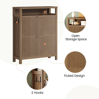 AOGLLATI Shoe Cabinet Storage Narrow Fluted Shoe Rack Cabinet with 2 Flip Drawers Organizer with Open Storage Space