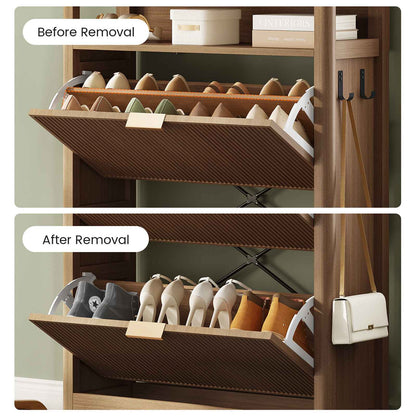 AOGLLATI Shoe Cabinet Storage Narrow Fluted Shoe Rack Cabinet with 2 Flip Drawers Organizer with Open Storage Space