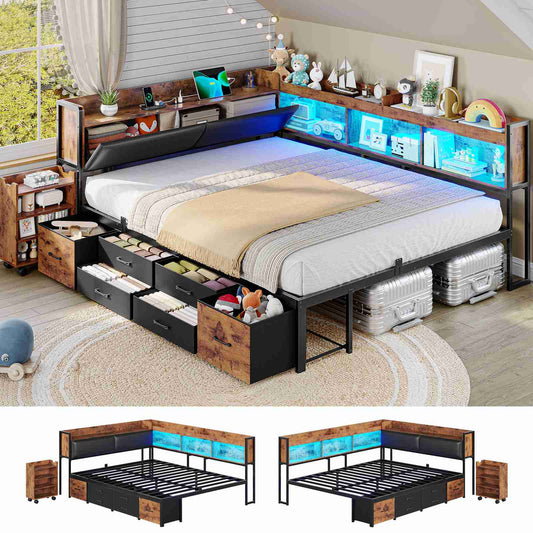 AOGLLATI Full Corner Bed Frame with Bookcase and Hidden Storage Daybed with Charging Station and Led Lights for Kids Teens