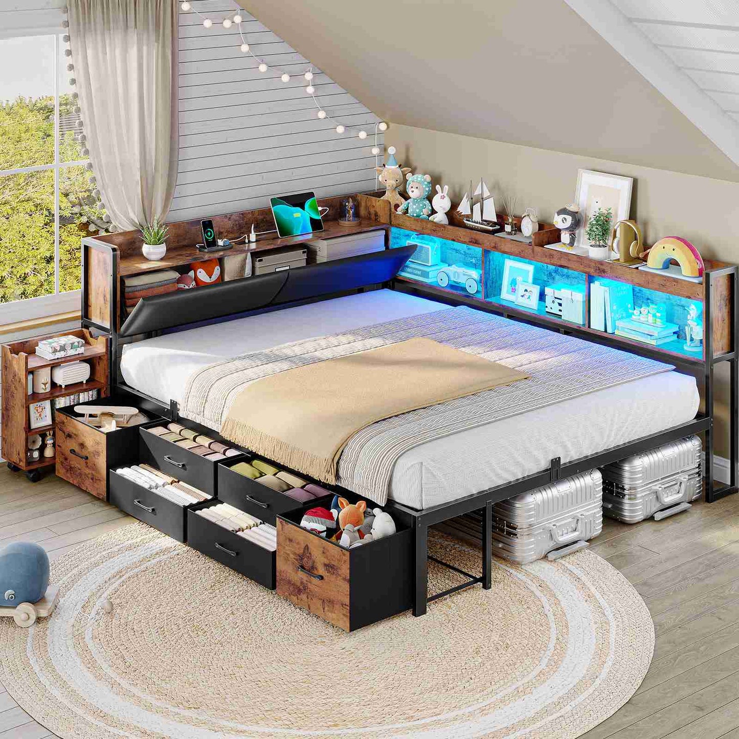 AOGLLATI Full Corner Bed Frame with Bookcase and Hidden Storage Daybed with Charging Station and Led Lights for Kids Teens