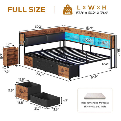 AOGLLATI Full Corner Bed Frame with Bookcase and Hidden Storage Daybed with Charging Station and Led Lights for Kids Teens