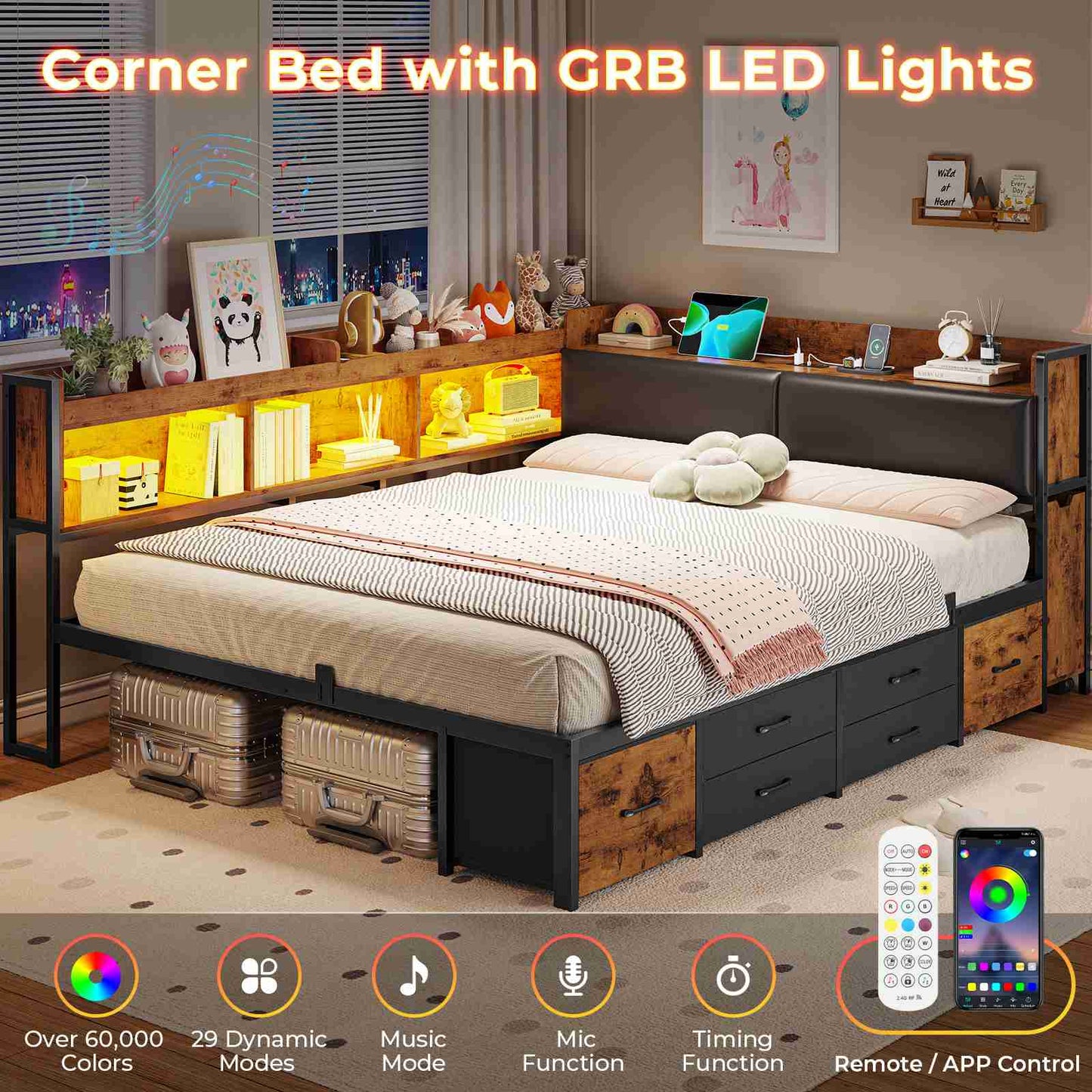 AOGLLATI Full Corner Bed Frame with Bookcase and Hidden Storage Daybed with Charging Station and Led Lights for Kids Teens