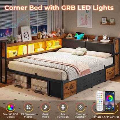 AOGLLATI Full Corner Bed Frame with Bookcase and Hidden Storage Daybed with Charging Station and Led Lights for Kids Teens