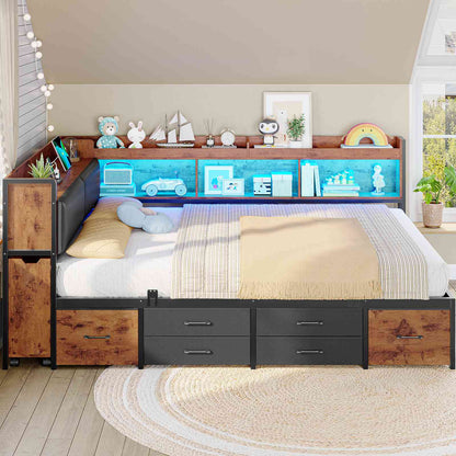 AOGLLATI Full Corner Bed Frame with Bookcase and Hidden Storage Daybed with Charging Station and Led Lights for Kids Teens