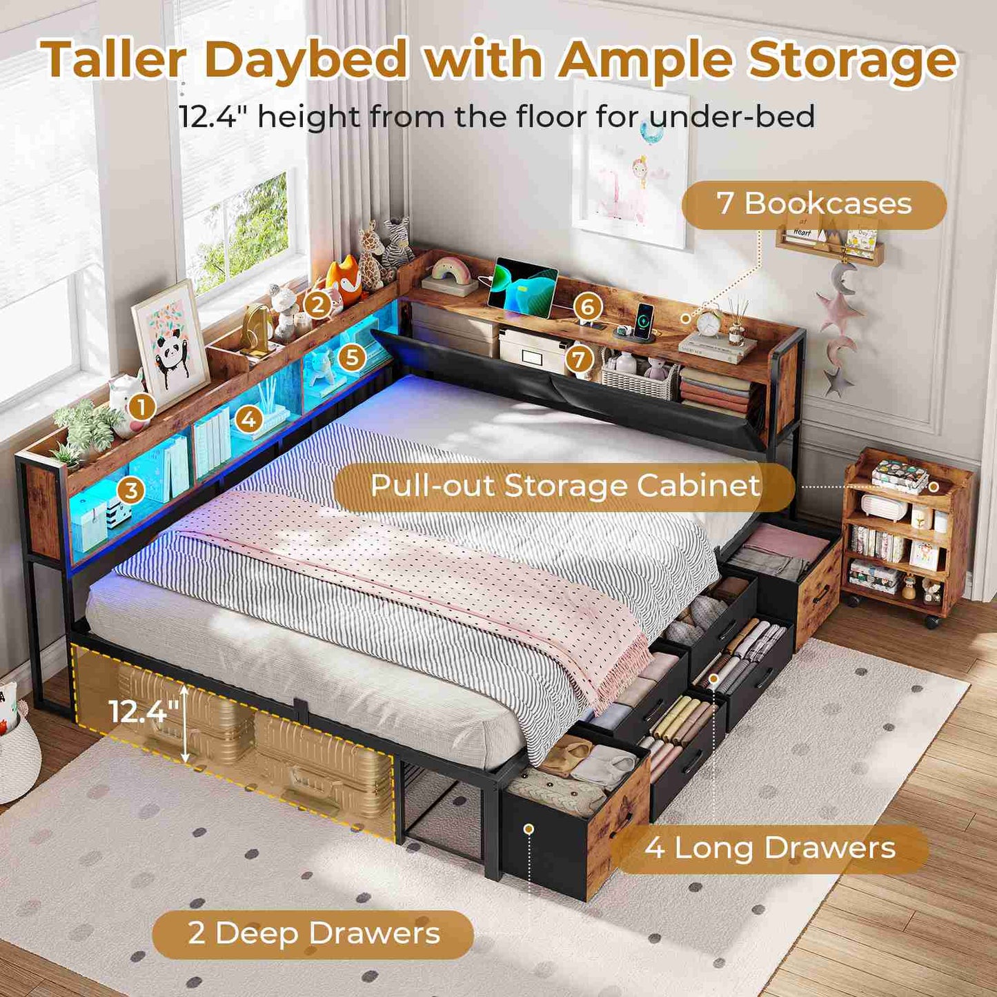 AOGLLATI Full Corner Bed Frame with Bookcase and Hidden Storage Daybed with Charging Station and Led Lights for Kids Teens
