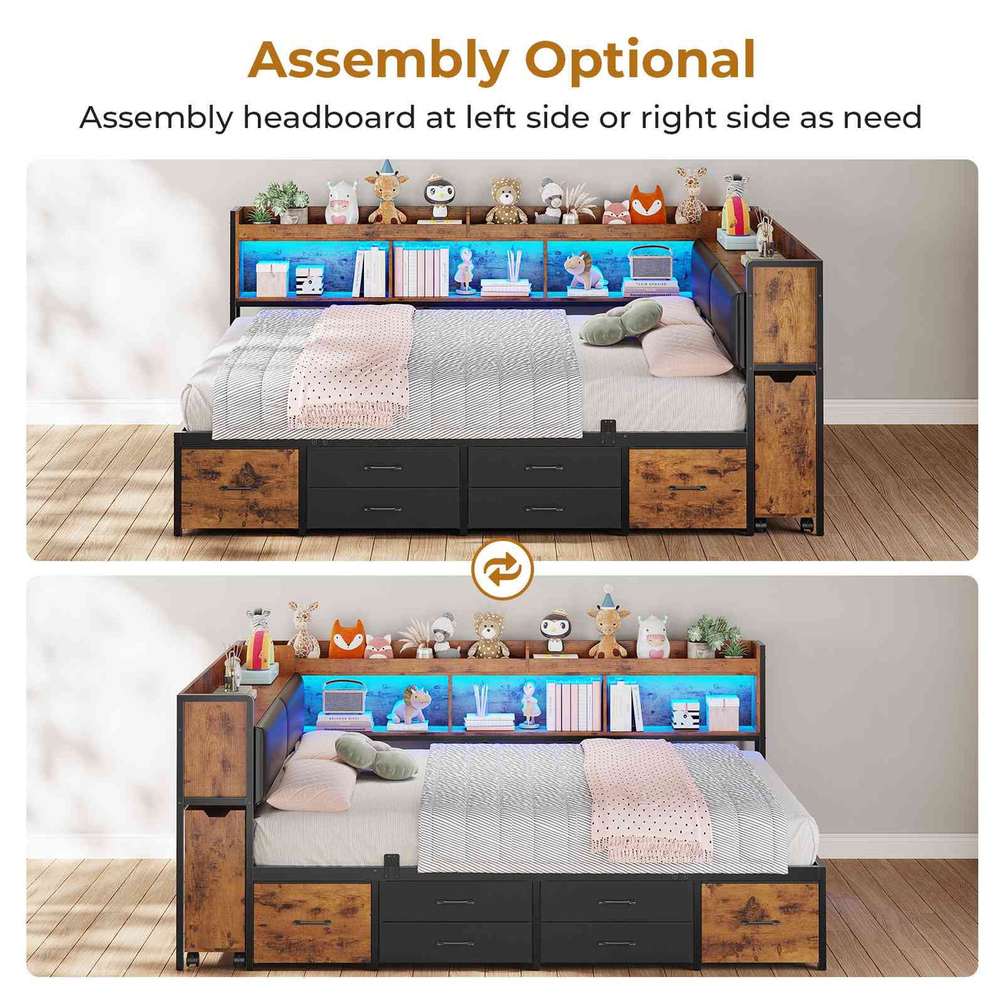 AOGLLATI Full Corner Bed Frame with Bookcase and Hidden Storage Daybed with Charging Station and Led Lights for Kids Teens