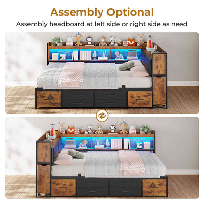 AOGLLATI Full Corner Bed Frame with Bookcase and Hidden Storage Daybed with Charging Station and Led Lights for Kids Teens