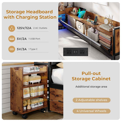 AOGLLATI Full Corner Bed Frame with Bookcase and Hidden Storage Daybed with Charging Station and Led Lights for Kids Teens