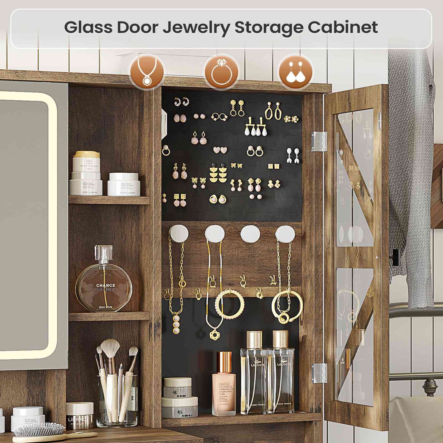AOGLLATI Farmhouse Vanity Desk with Mirror and Lights Makeup Vanity Set with 5 Drawers and Charging Station for Bedroom