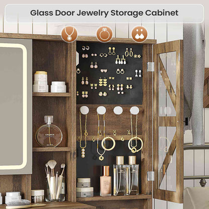 AOGLLATI Farmhouse Vanity Desk with Mirror and Lights Makeup Vanity Set with 5 Drawers and Charging Station for Bedroom