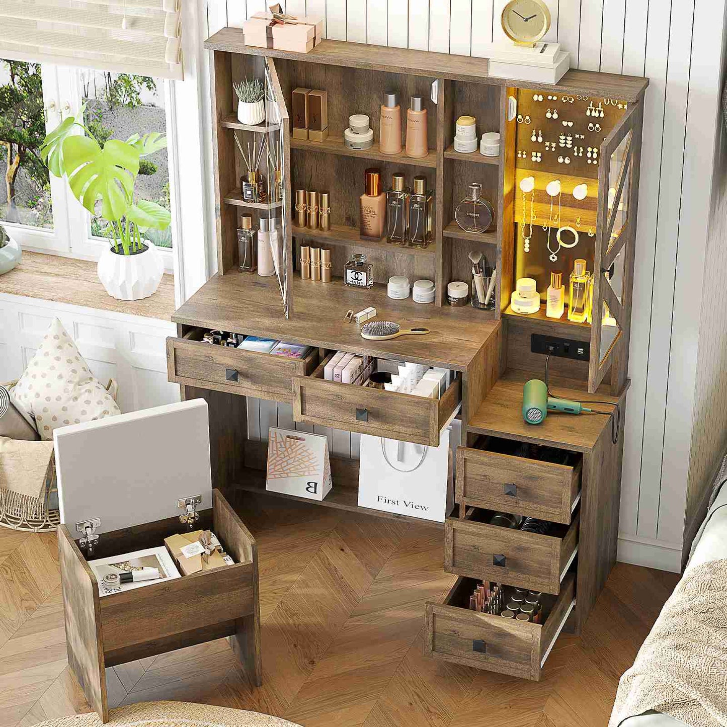 AOGLLATI Farmhouse Vanity Desk with Mirror and Lights Makeup Vanity Set with 5 Drawers and Charging Station for Bedroom