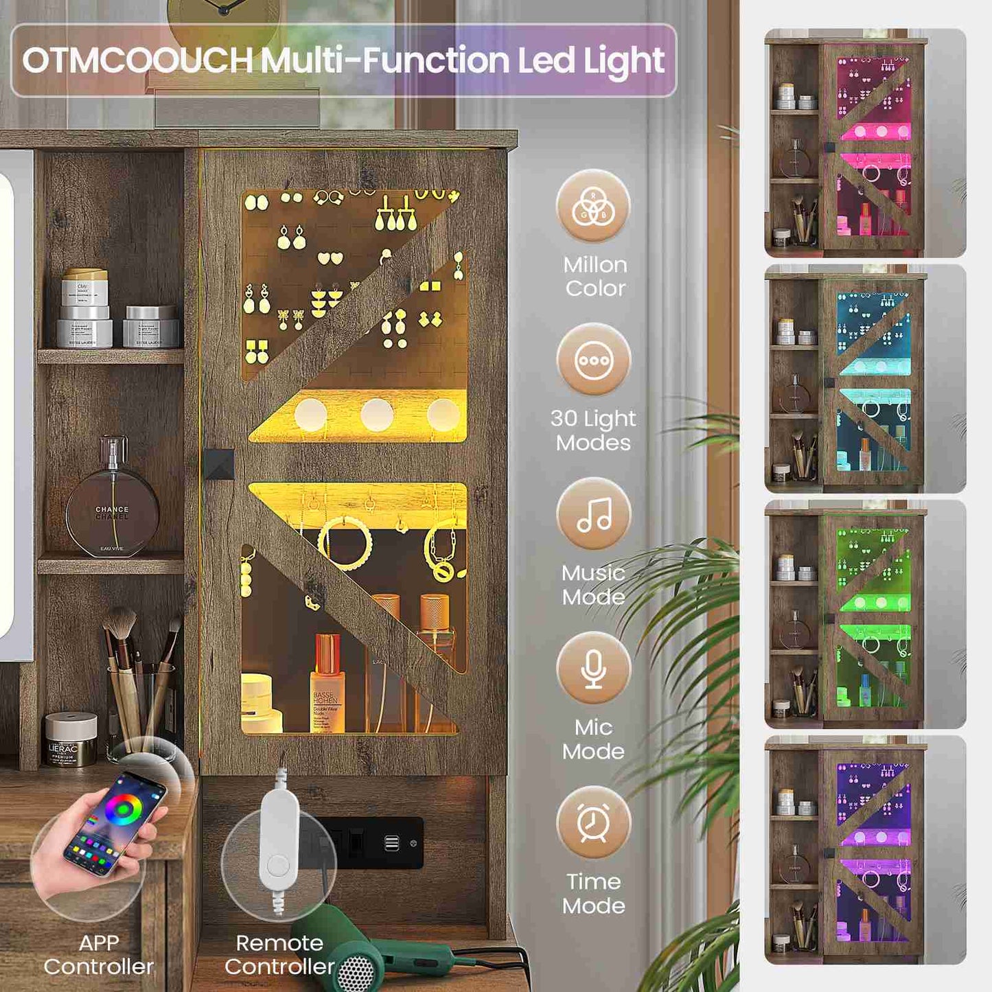 AOGLLATI Farmhouse Vanity Desk with Mirror and Lights Makeup Vanity Set with 5 Drawers and Charging Station for Bedroom