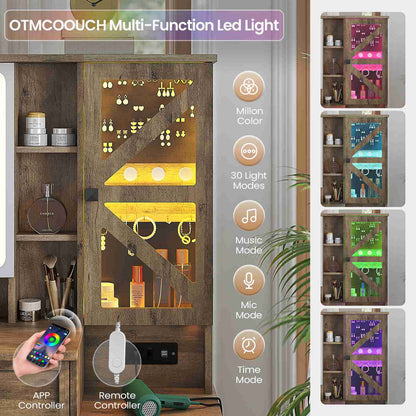 AOGLLATI Farmhouse Vanity Desk with Mirror and Lights Makeup Vanity Set with 5 Drawers and Charging Station for Bedroom