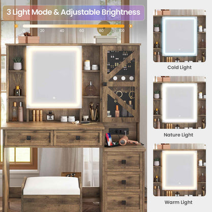 AOGLLATI Farmhouse Vanity Desk with Mirror and Lights Makeup Vanity Set with 5 Drawers and Charging Station for Bedroom