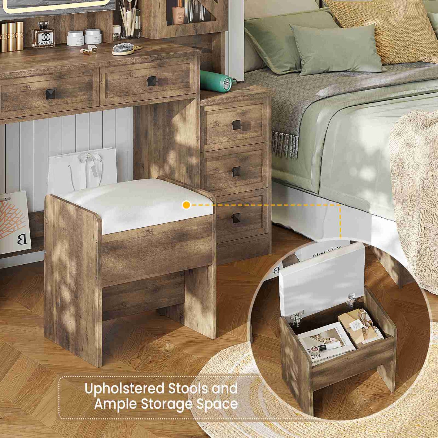 AOGLLATI Farmhouse Vanity Desk with Mirror and Lights Makeup Vanity Set with 5 Drawers and Charging Station for Bedroom